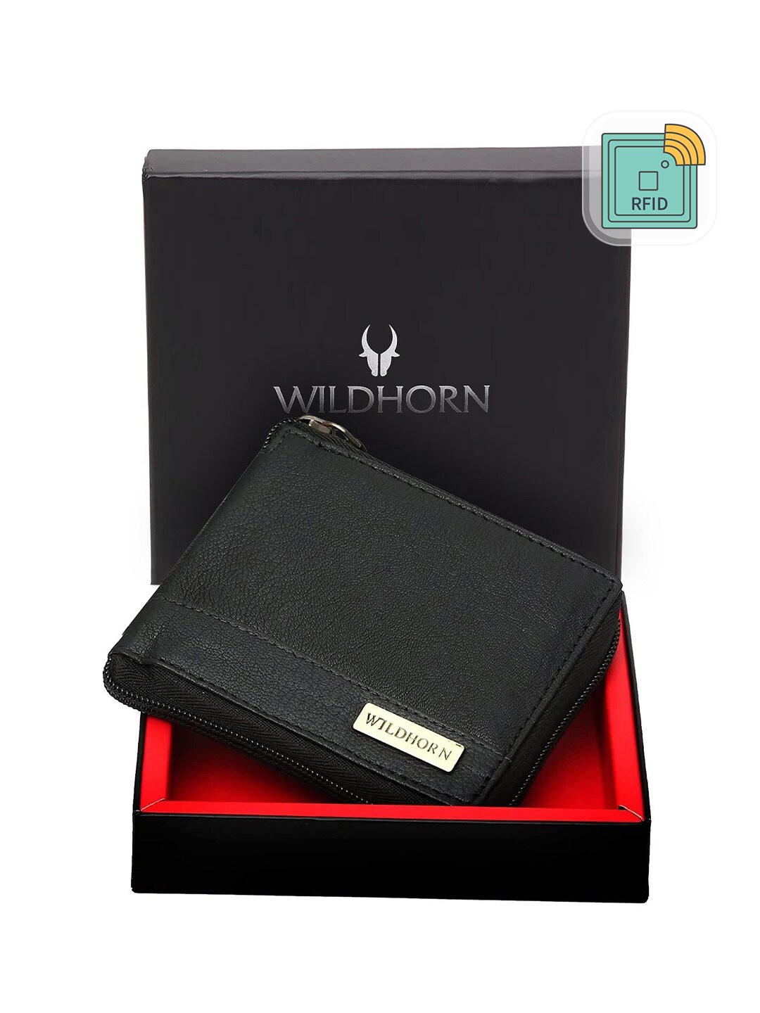 

WildHorn Men Leather Zip Around Wallet, Black