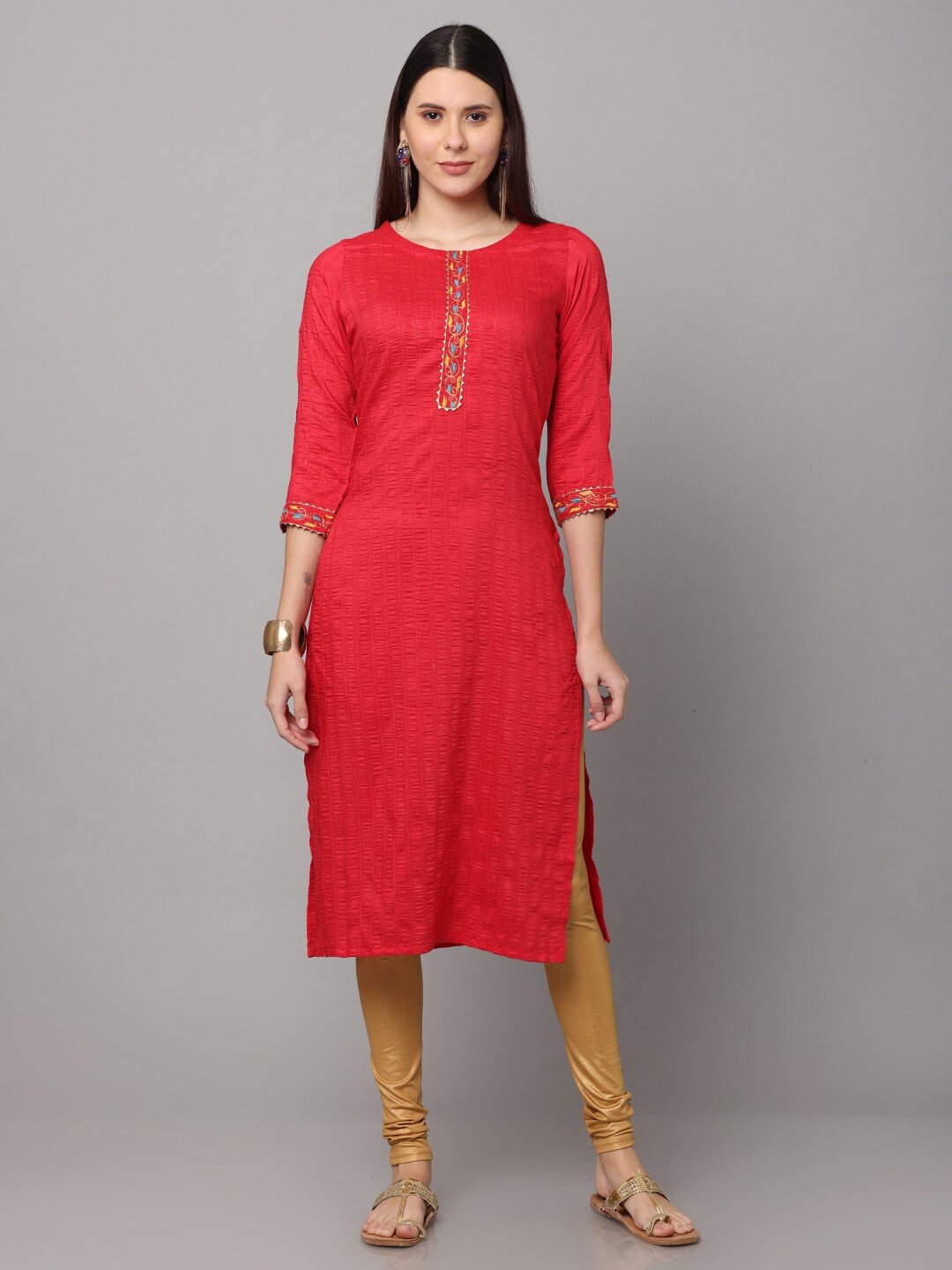 

NAYRA Women Red Floral Yoke Design Gotta Patti Kurta