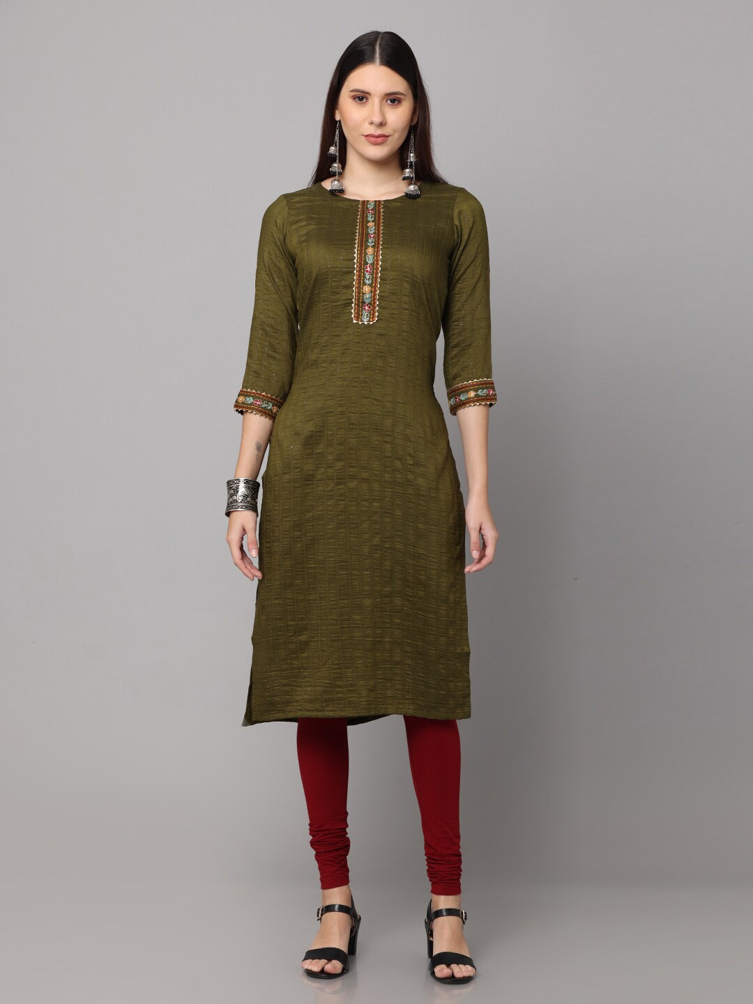 

NAYRA Women Olive Green Striped Kurta