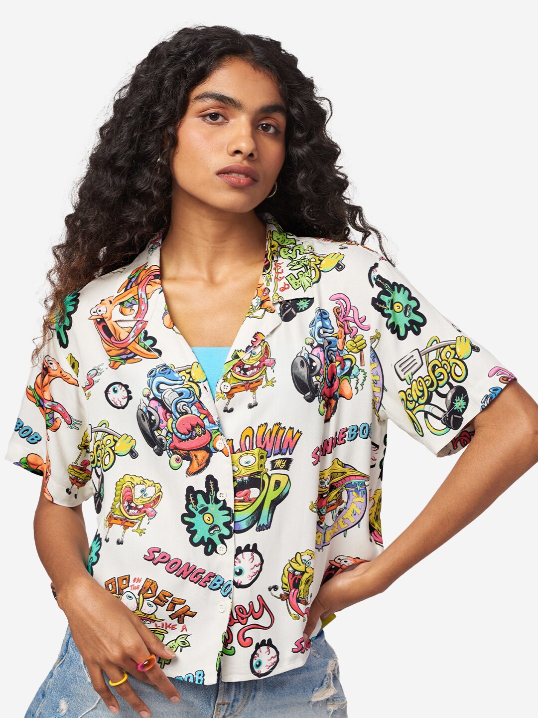 

The Souled Store Women White Boxy SpongeBob Printed Casual Shirt