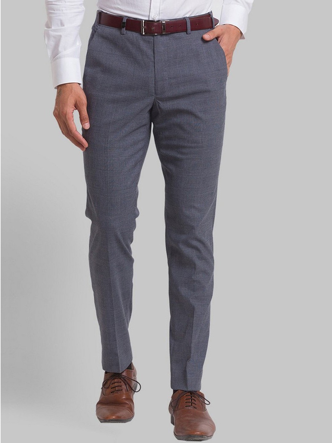 

Park Avenue Men Blue Textured Checked Slim Fit Trousers