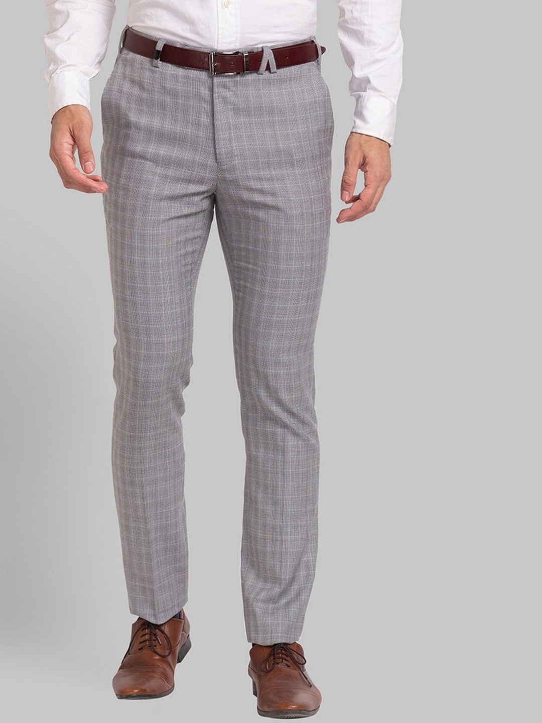 

Park Avenue Men Grey Checked Slim Fit Trousers