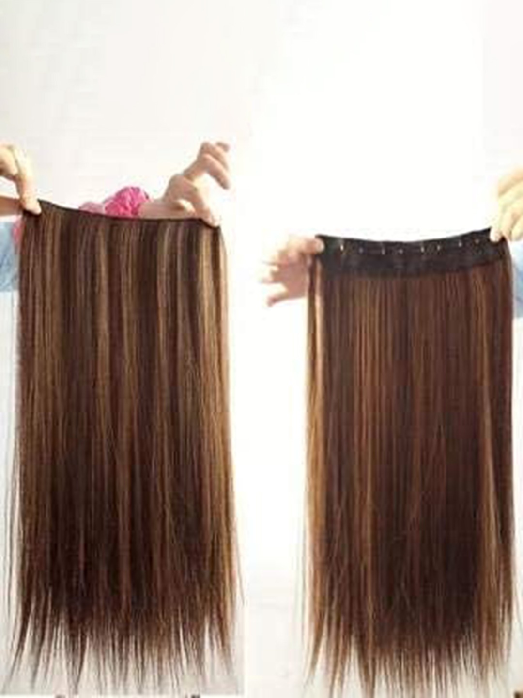 

CHANDERKASH Women 5 Clips Based Highlighted Straight Synthetic Fiber Hair Extensions, Brown
