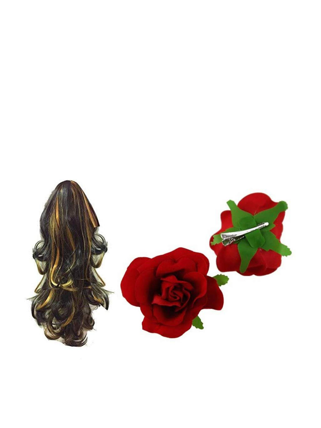 

CHANDERKASH 5 Clips Based 24Inches Golden Highlight Clutcher Extension with Red Rose Clip, Brown