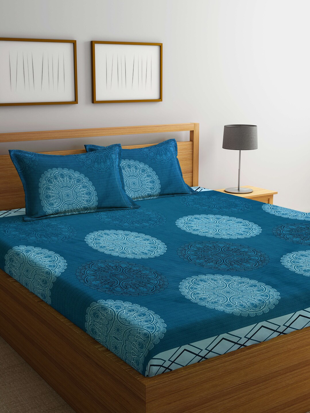 

Arrabi Blue Ethnic Motifs 300 TC King Bedsheet with 2 Pillow Covers