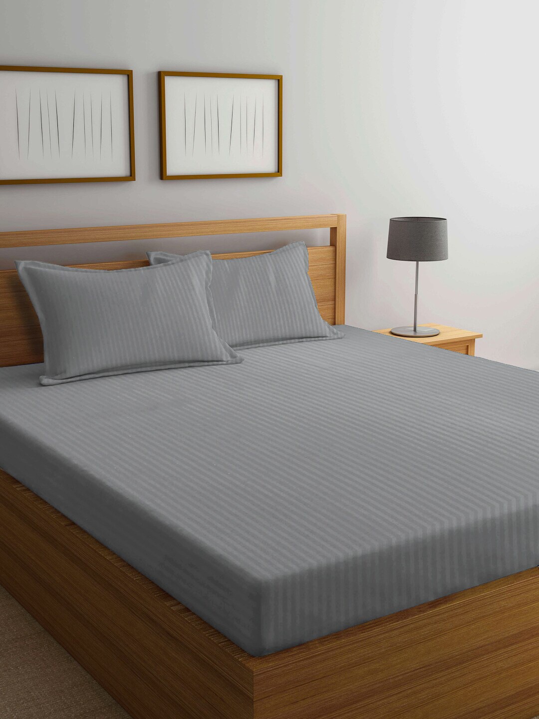 

Arrabi Grey & White Striped 300 TC King Bedsheet with 2 Pillow Covers