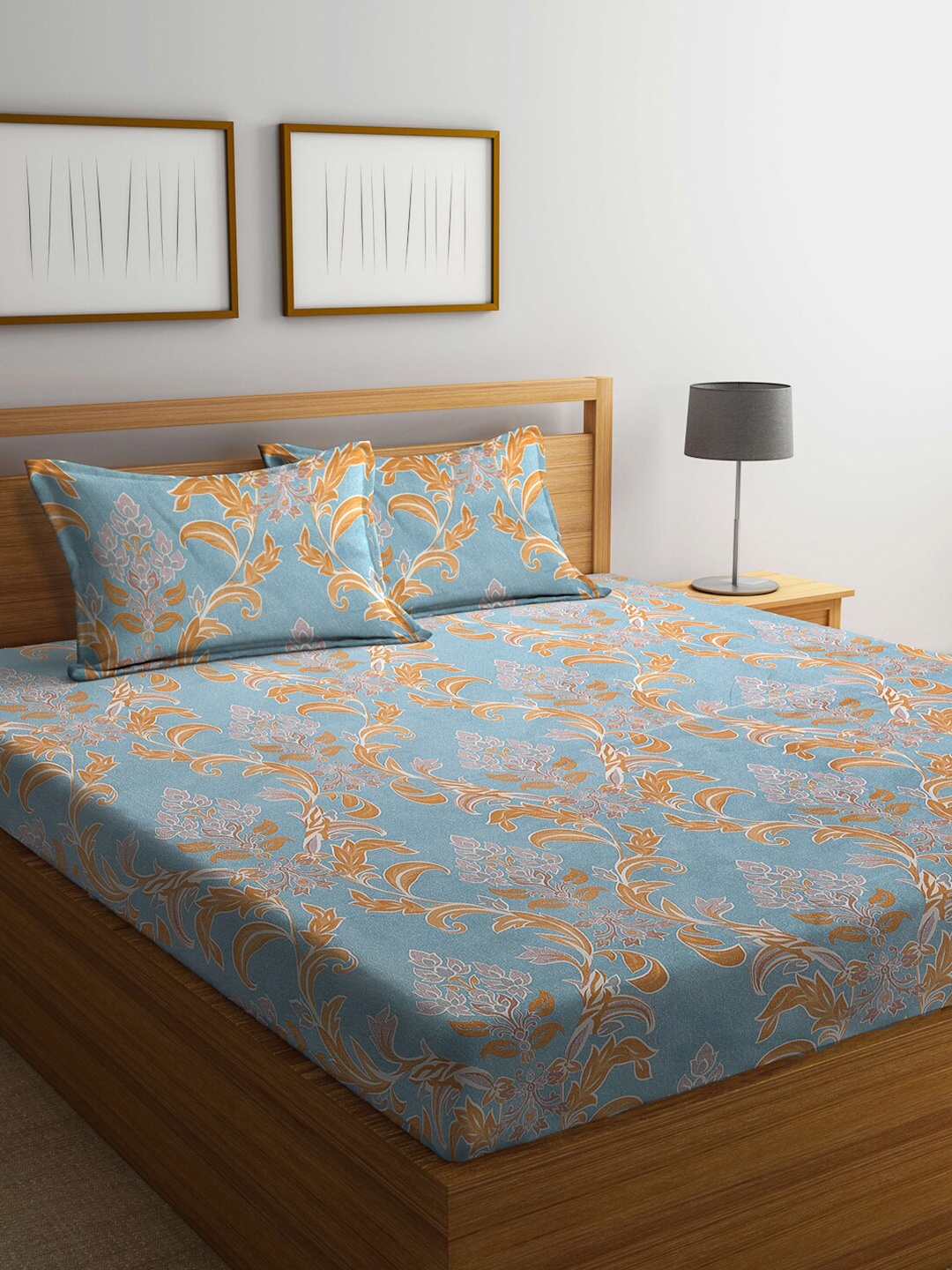 Arrabi Blue & Mustard Ethnic Motifs 300 TC King Bedsheet with 2 Pillow Covers