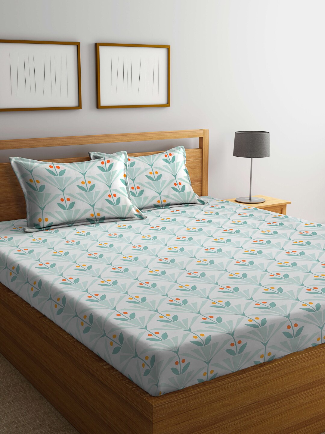 

Arrabi Green & White Floral 300 TC King Bedsheet with 2 Pillow Covers