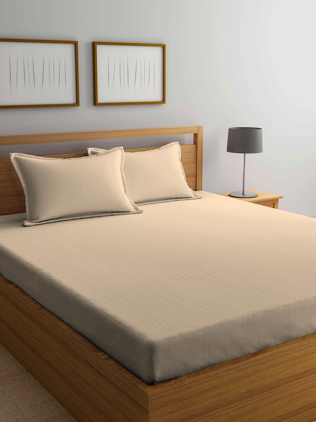 Arrabi Cream-Coloured Striped 300 TC King Bedsheet with 2 Pillow Covers