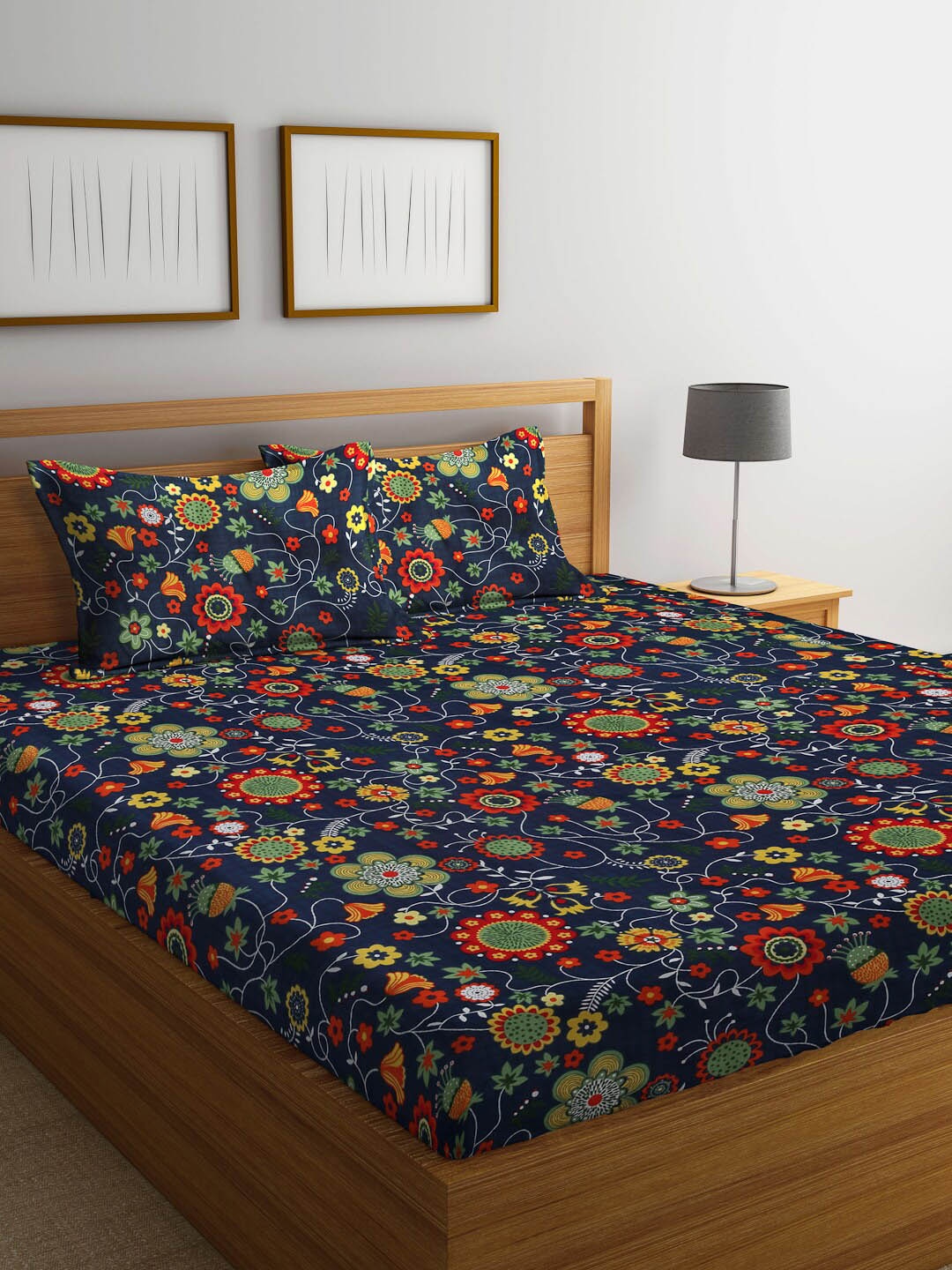 

Arrabi Navy Blue & Green Floral 300 TC King Bedsheet with 2 Pillow Covers