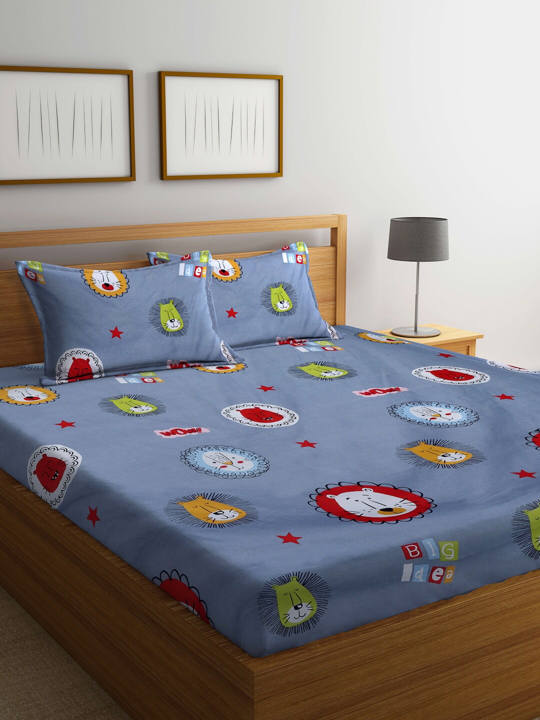 

Arrabi 300 TC 130 GSM Cartoon Print King Size Bedsheet With 2 Pillow Covers, Grey