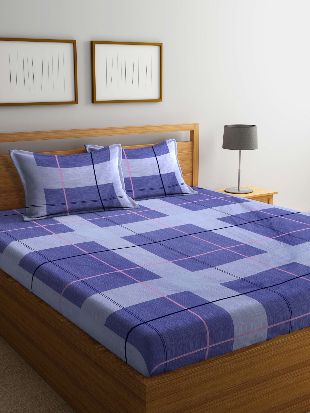 

Arrabi 300 TC 130 GSM Checked King Size Bedsheet With 2 Pillow Covers, Blue