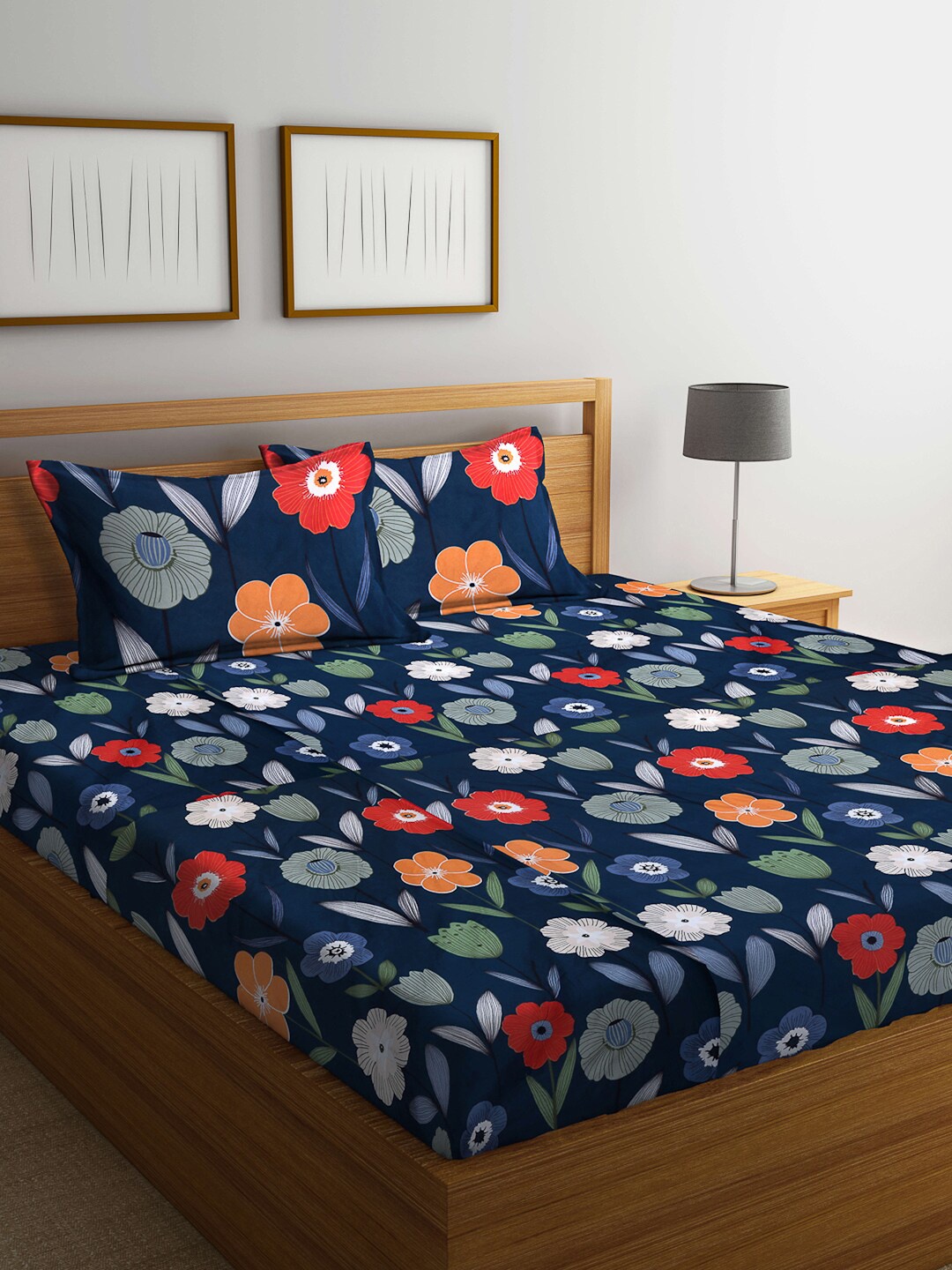 

Arrabi 300 TC 130 GSM Floral Print King Size Bedsheet With 2 Pillow Covers, Navy blue