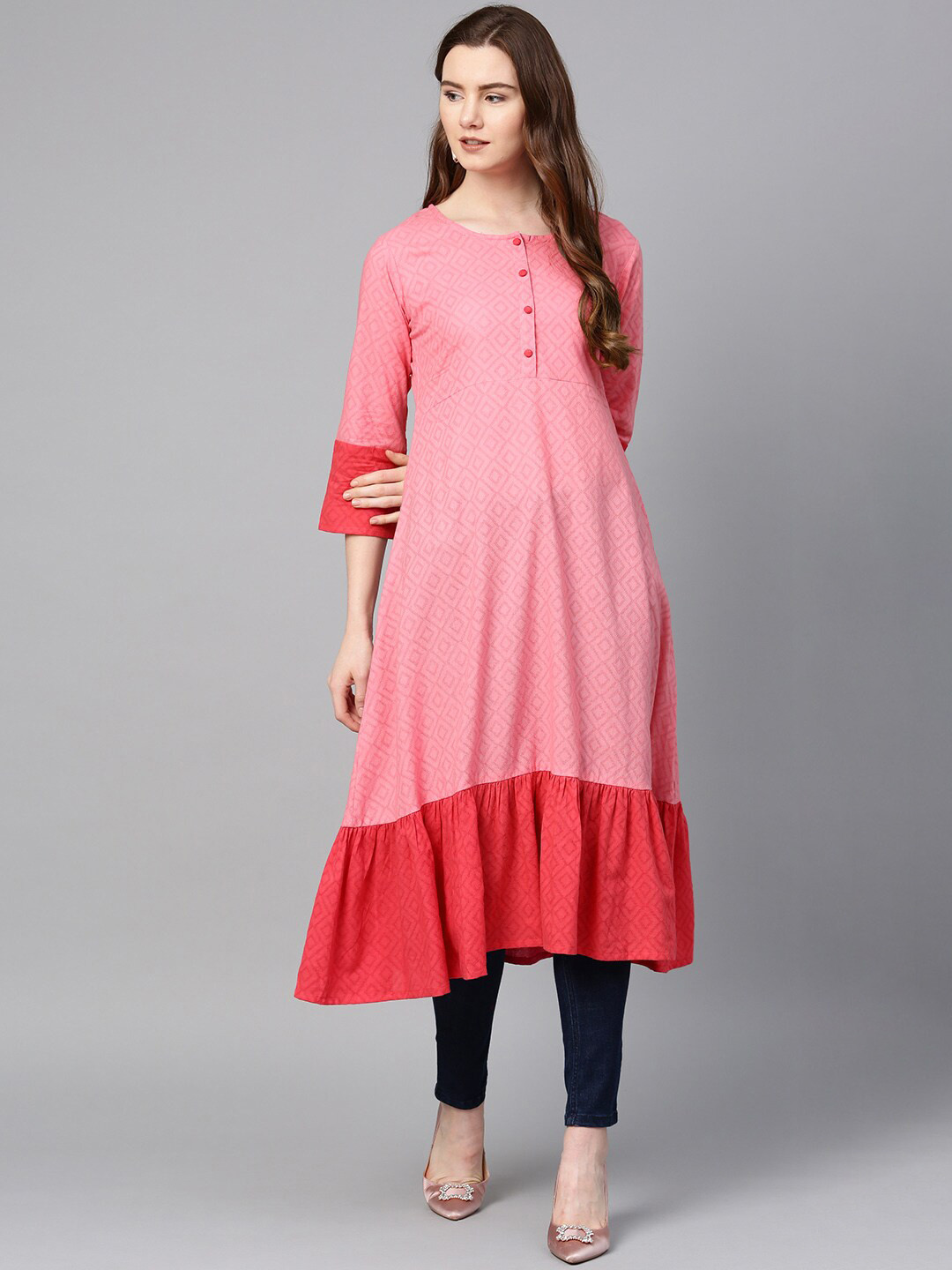 

ETHNIC STREET Women Pink Geometric Woven Cotton Ethnic Kurta