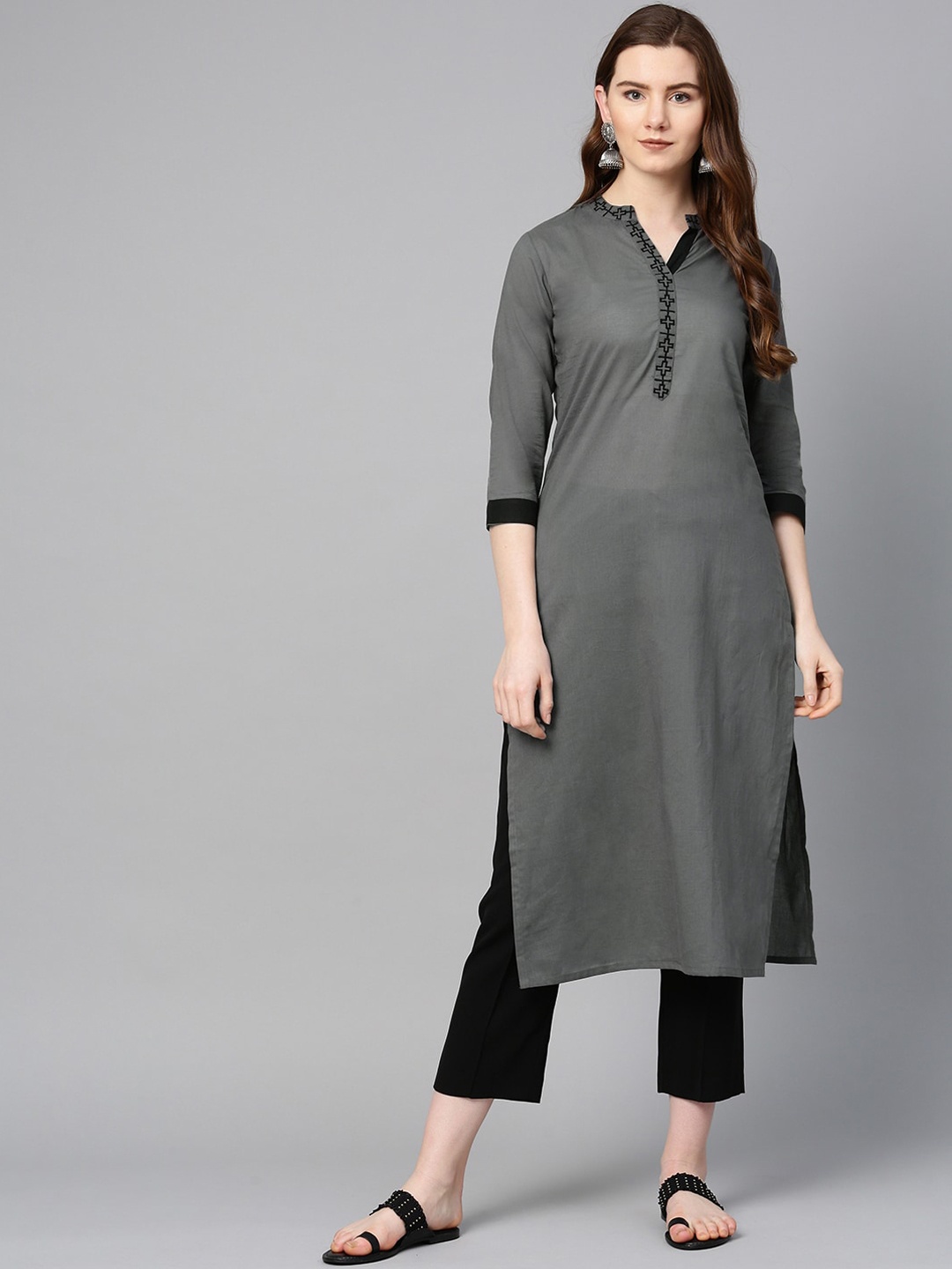 

ETHNIC STREET Women Grey & Black Pure Cotton Kurta