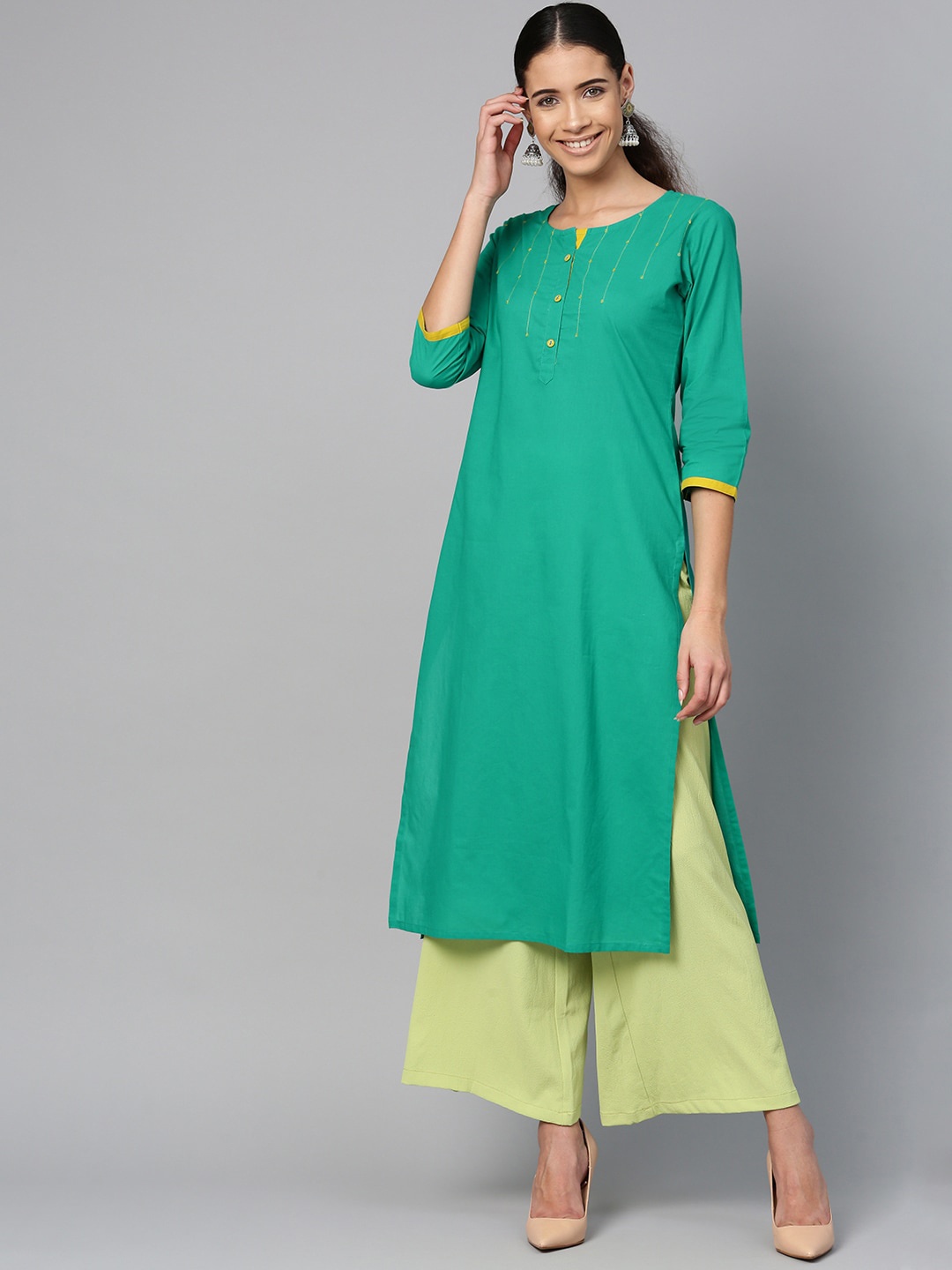 

ETHNIC STREET Women Green & Yellow Pure Cotton Kurta