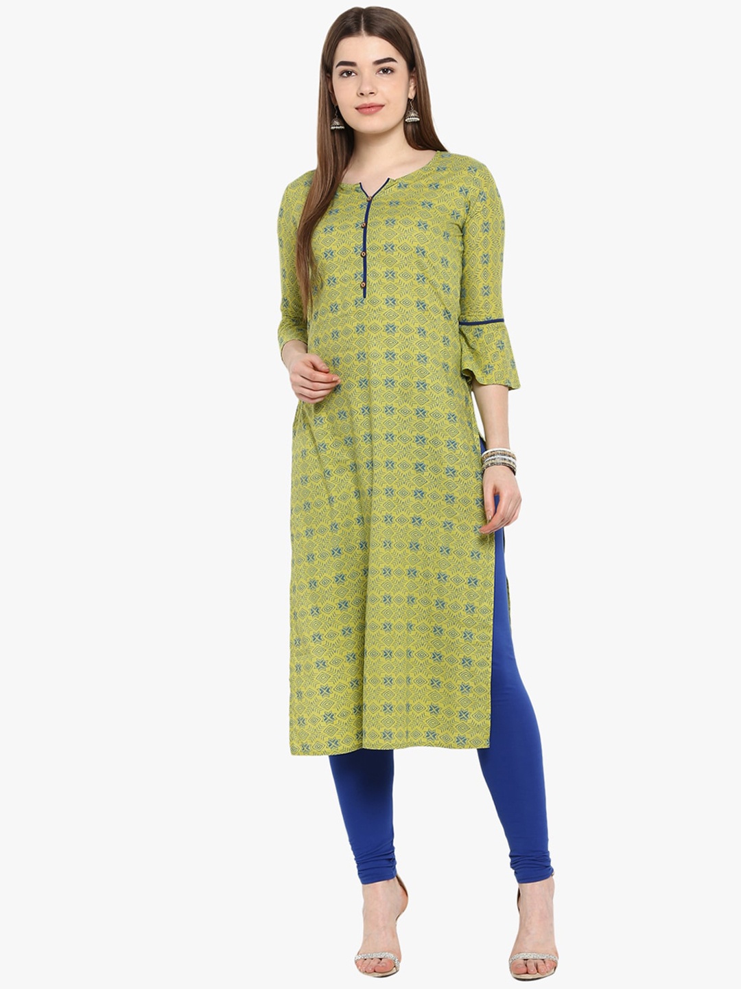 

ETHNIC STREET Women Green & Blue Pure Cotton Printed Bell Sleeves Kurta