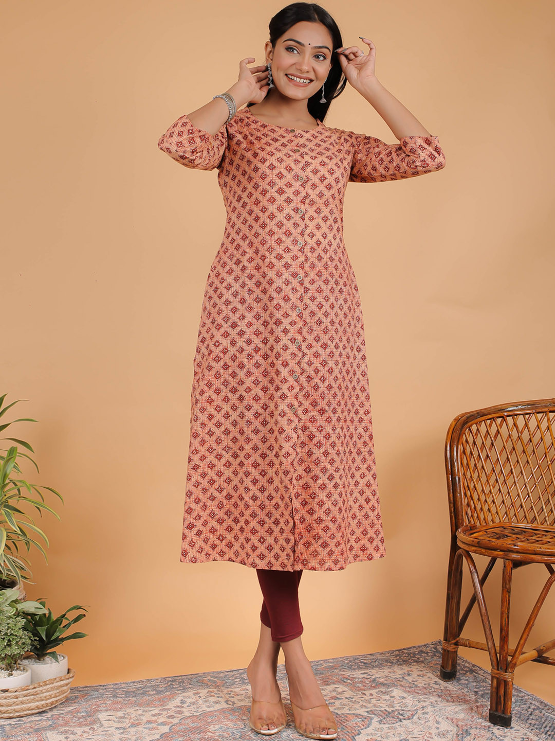 

ETHNIC STREET Plus Size Women Peach-Coloured & Red Pure Cotton Printed Kurta