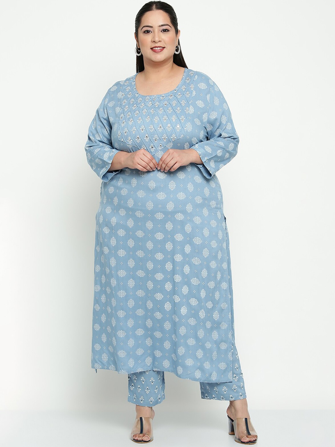 

Sringam Women Blue Ethnic Motifs Yoke Design Pure Cotton Kurta with Trousers