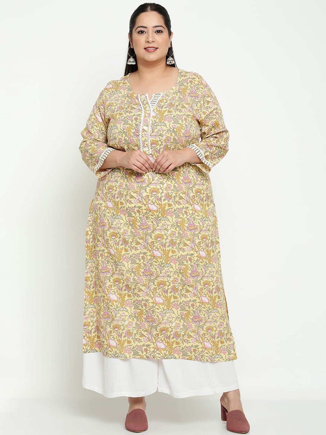 

Sringam Plus Size Women Green & Pink Printed Kurta