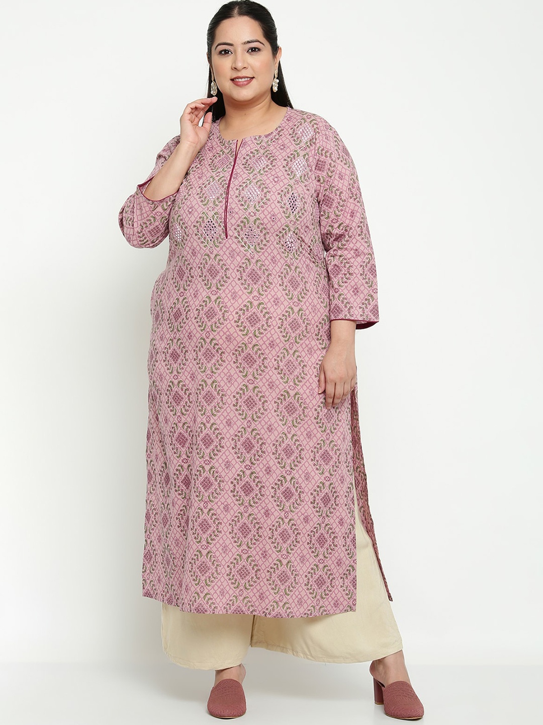 

Sringam Plus Size Women Purple & Green Floral Printed Mirror Work Kurta