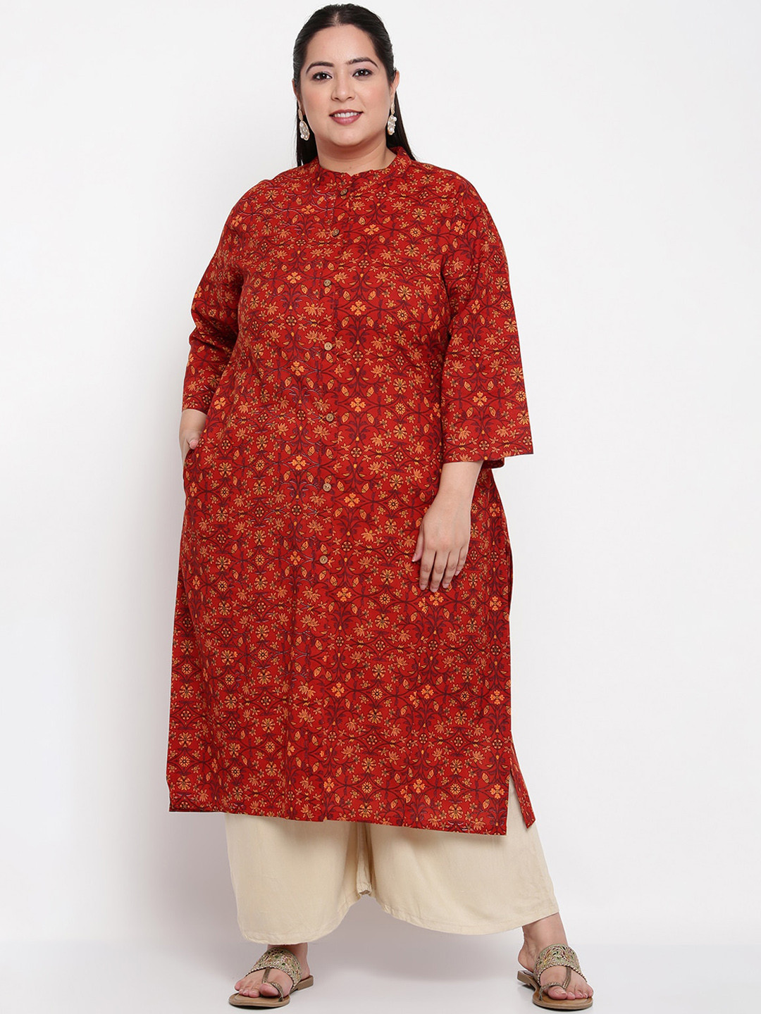 

Sringam Plus Size Women Brown & Yellow Printed Kurta
