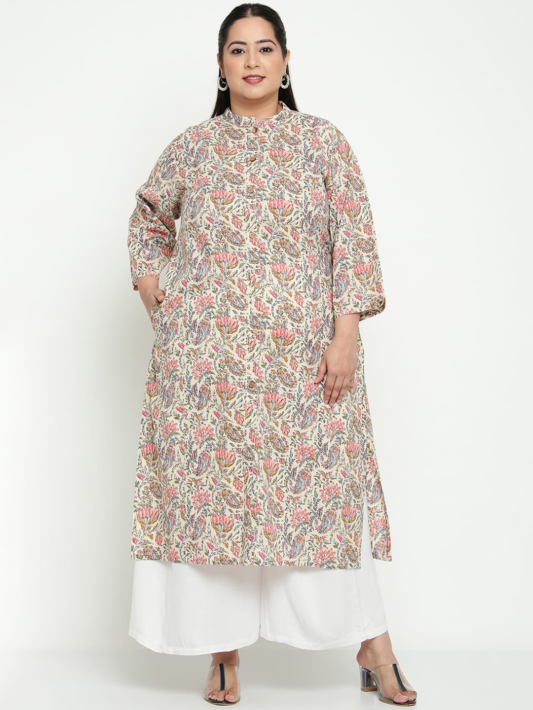 

Sringam Plus Size Women White & Pink Floral Printed Kurta