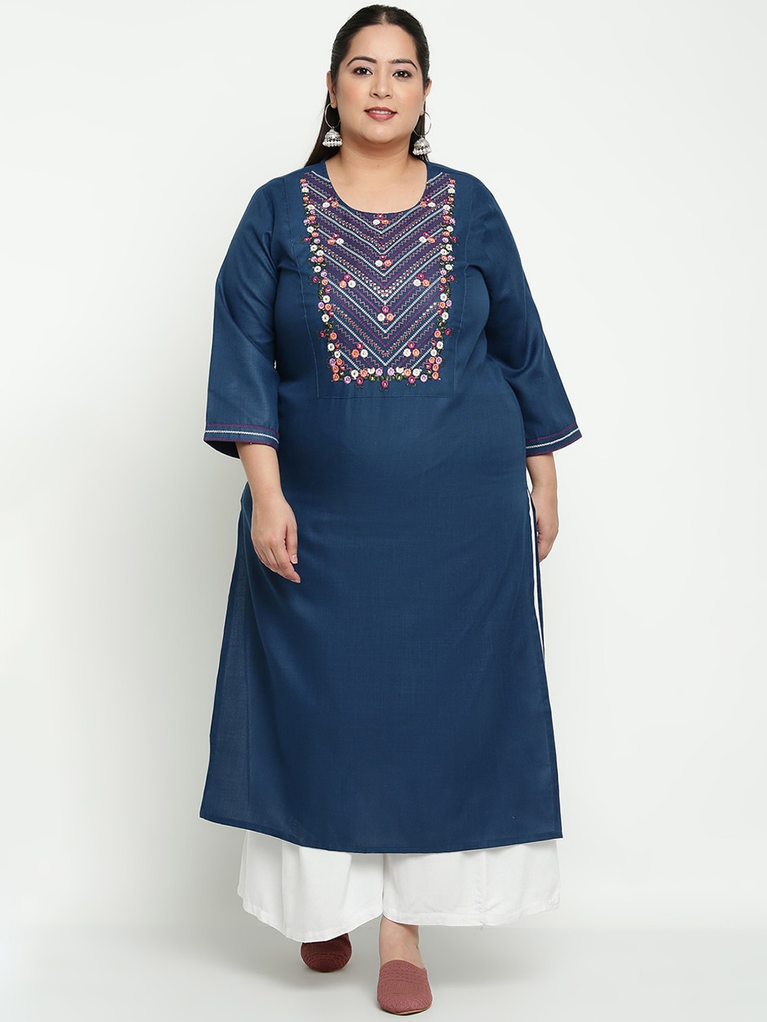 

Sringam Plus Size Women Blue Embroidered Yoke Design Kurta
