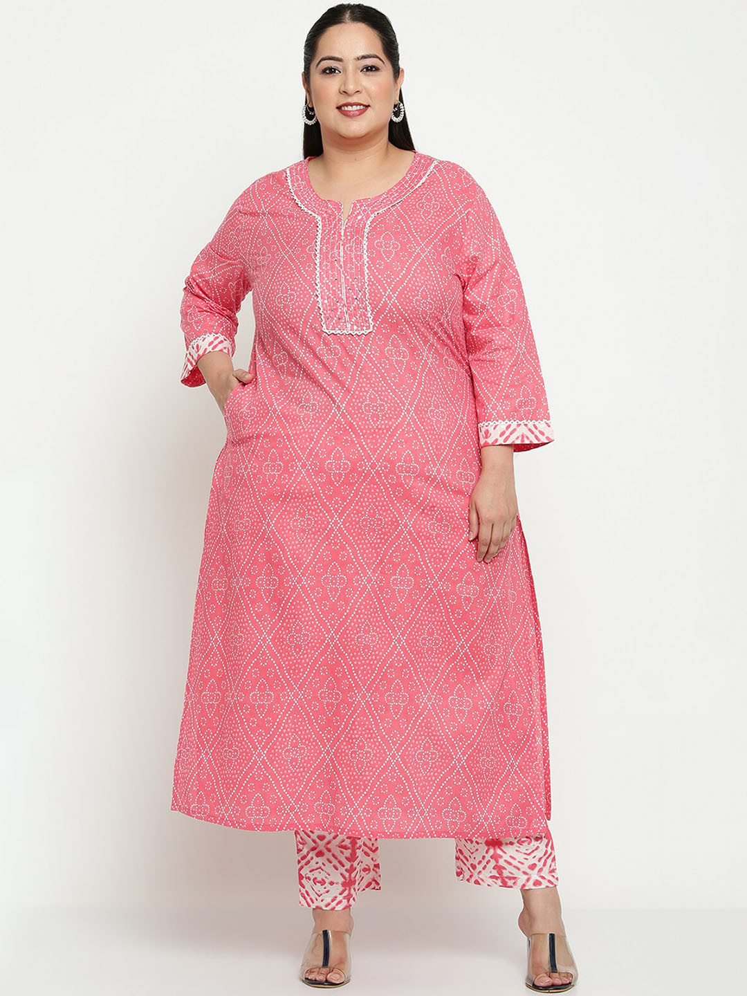 

Sringam Women Plus Size Bandhani Printed Pure Cotton Straight Kurta with Trousers, Pink