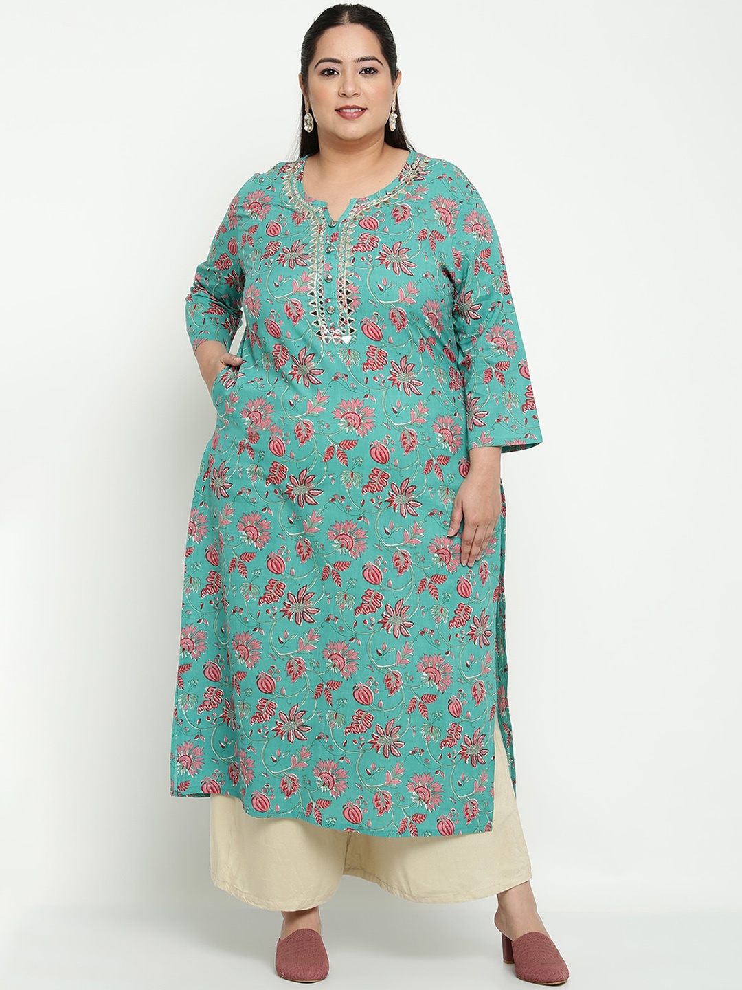 

Sringam Plus Size Women Green & Pink Printed Kurta