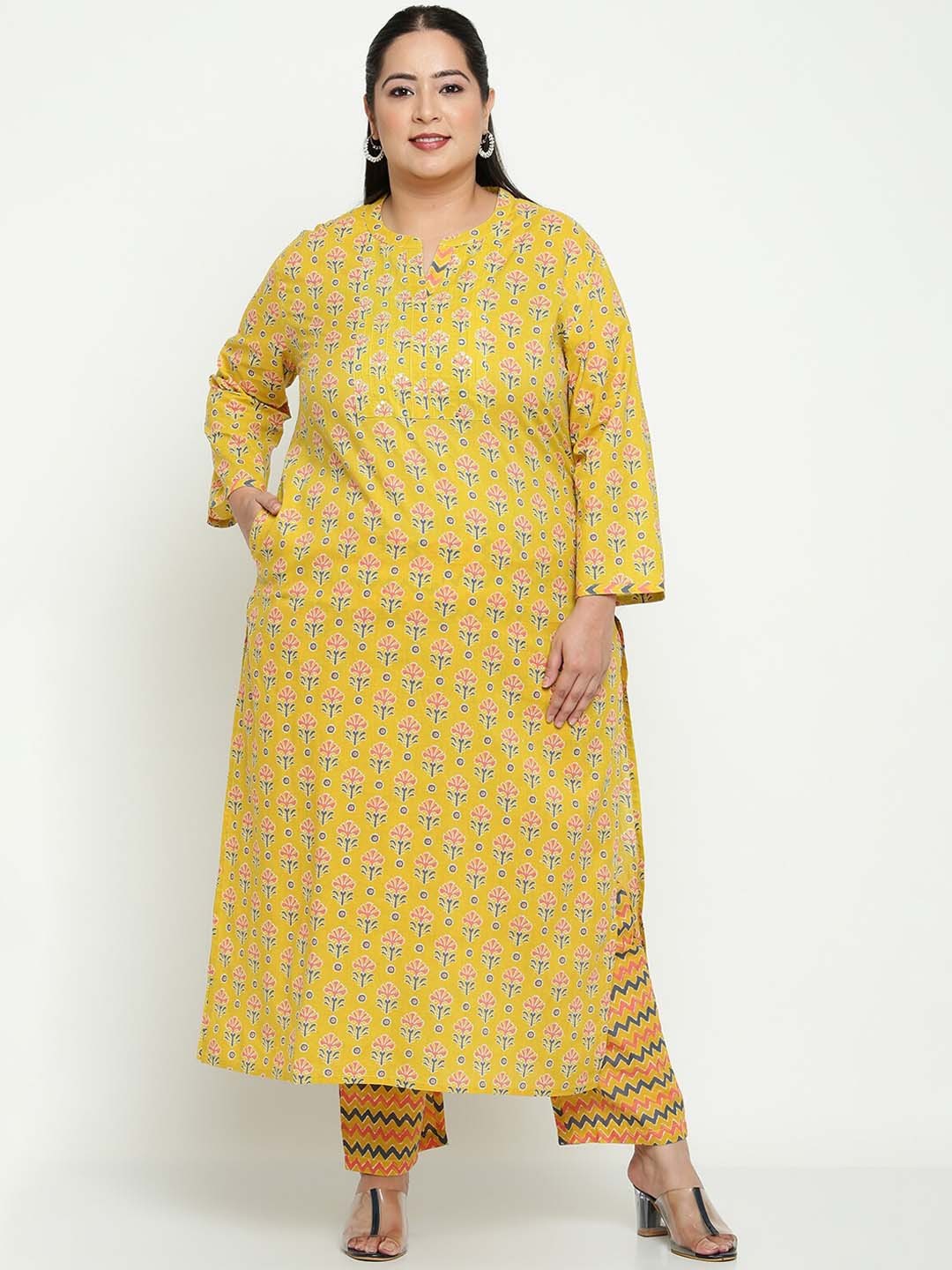 

Sringam Plus Size Women Ethnic Motifs Printed Pure Cotton Kurta with Trousers, Yellow