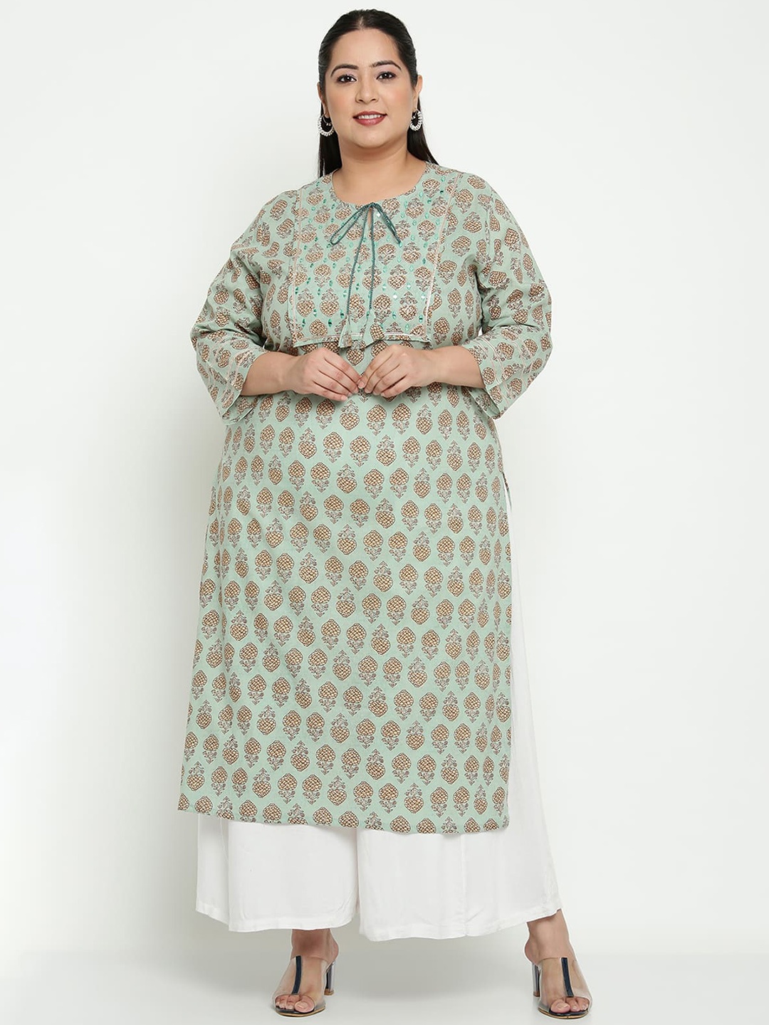 

Sringam Plus Size Women Green & Beige Floral Printed Kurta