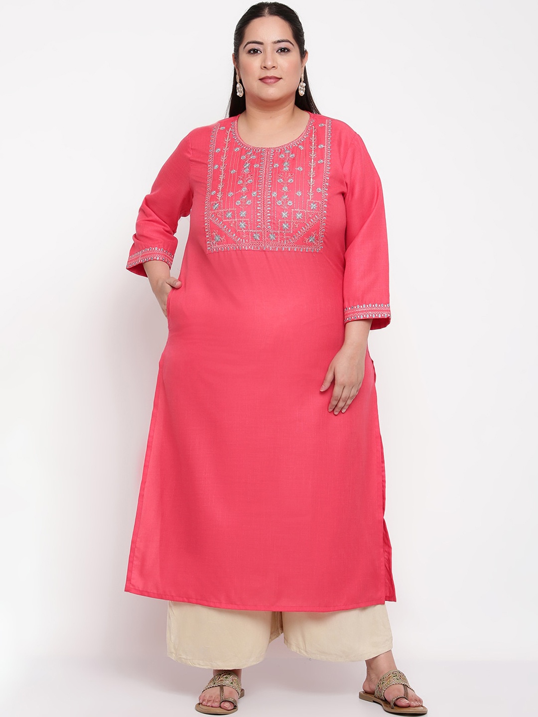 

Sringam Plus Size Women Pink & Blue Yoke Design Thread Work Kurta