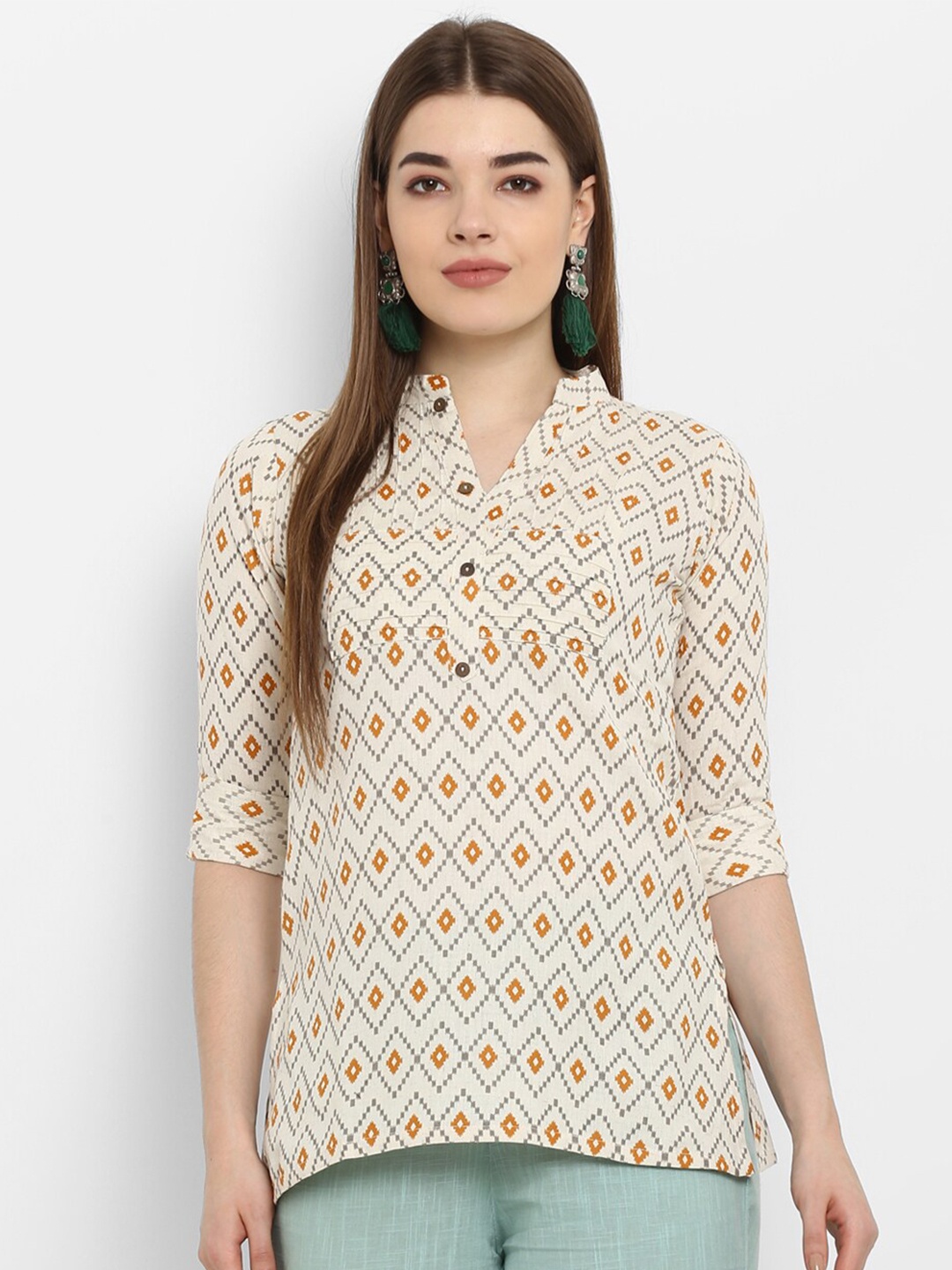 

ETHNIC STREET Cream-Coloured Geometric Print Mandarin Collar Top
