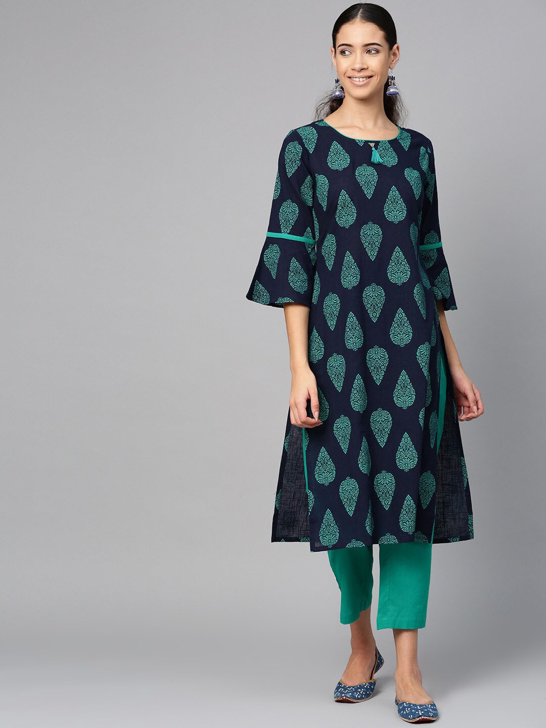 

ETHNIC STREET Women Navy Blue Ethnic Motifs Printed Pure Cotton Kurta with Trousers