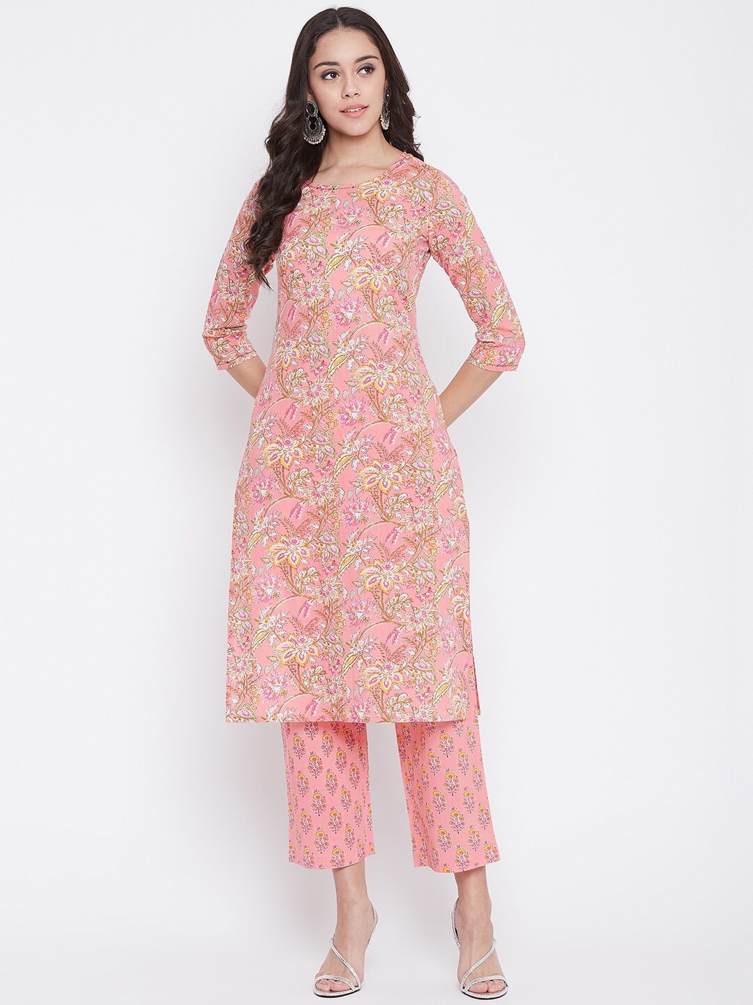 

ETHNIC STREET Women Floral Printed Pure Cotton Kurta with Trouser Set, Pink