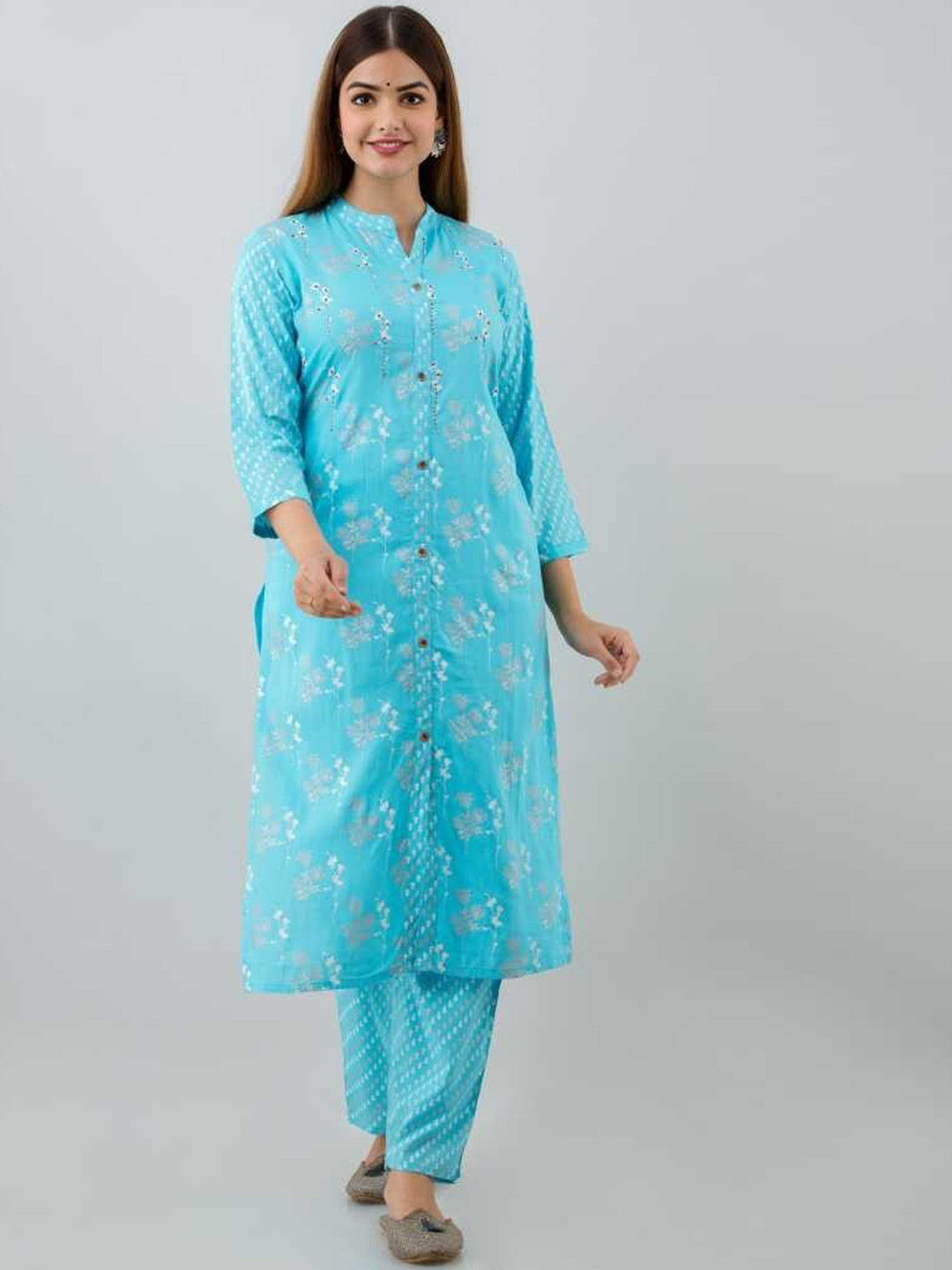 

ROOPWATI FASHION Women Floral Printed Kurta with Trouser, Turquoise blue