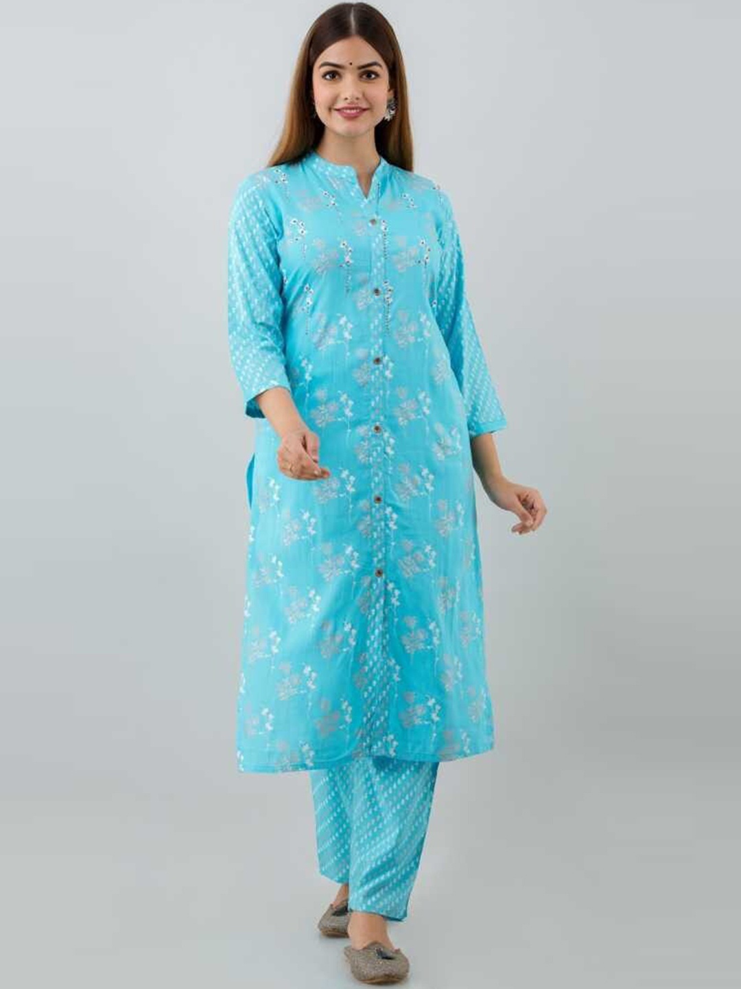 

ROOPWATI FASHION Women Floral Kurti with Trousers, Blue