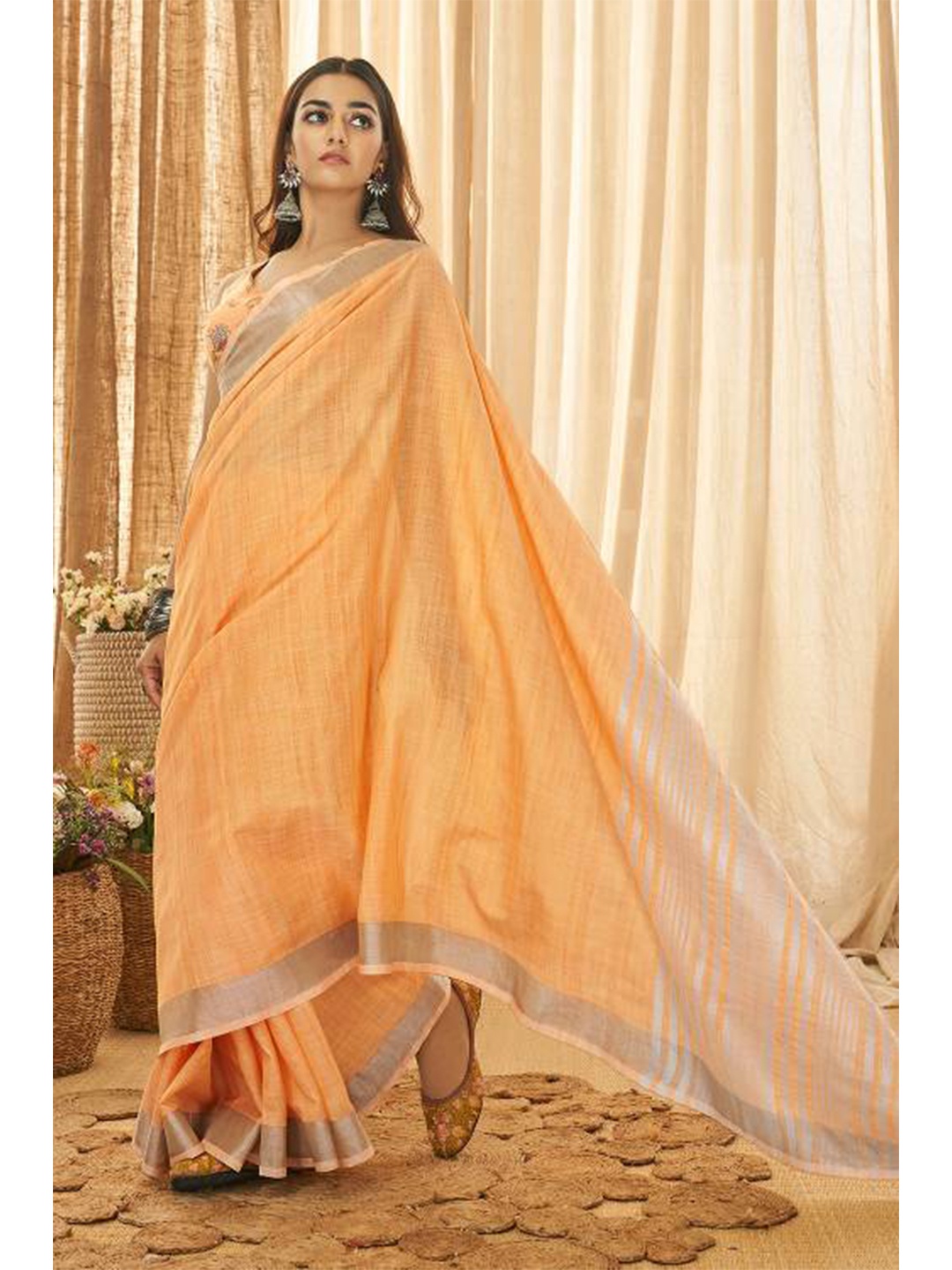 

KARAGIRI Orange & Silver-Toned Solid Zari Border Saree