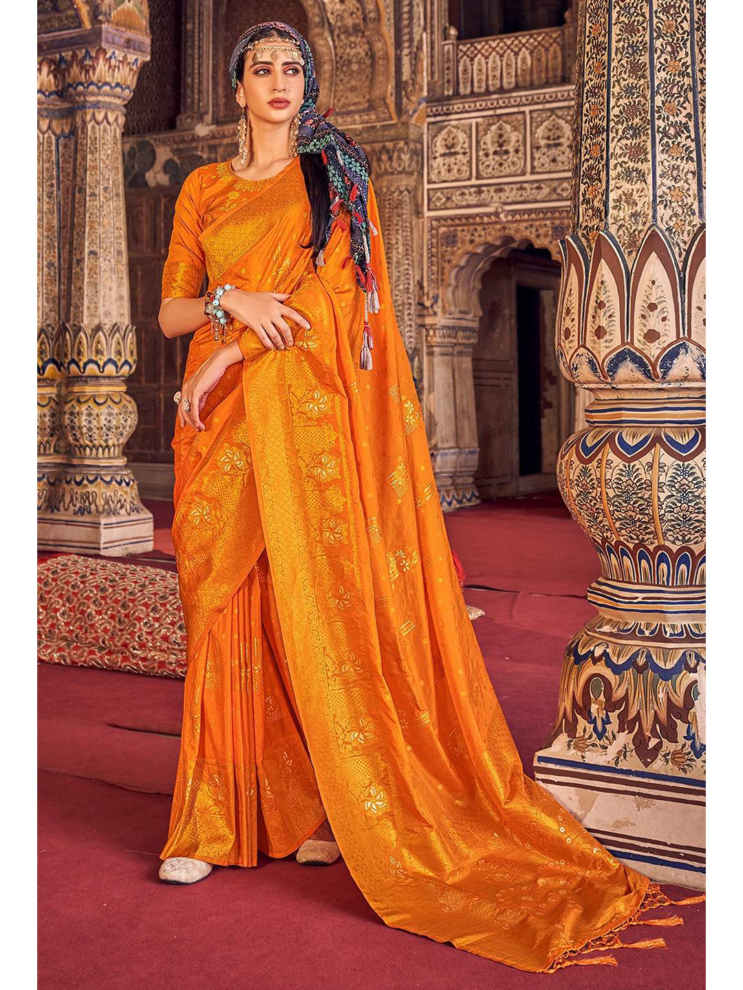 

KARAGIRI Orange & Gold-Toned Woven Design Zari Saree