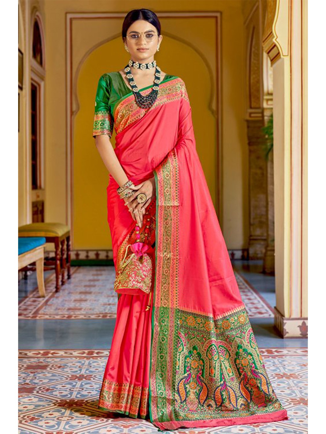 

KARAGIRI Pink & Green Zari Saree