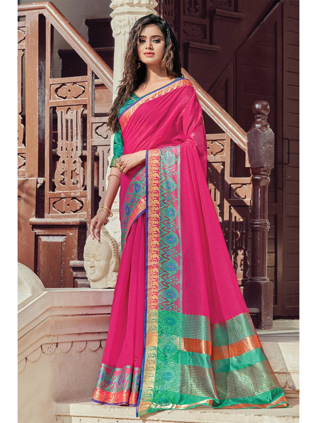 

KARAGIRI Pink & Green Poly Cotton Zari Saree