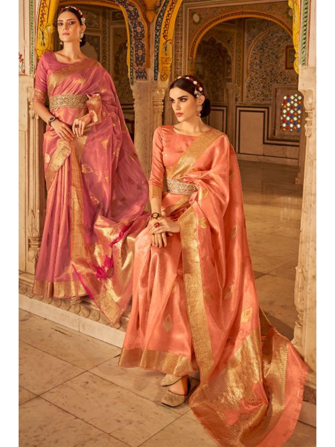 

KARAGIRI Pink & Gold-Toned Ethnic Motifs Banarasi Silk Saree