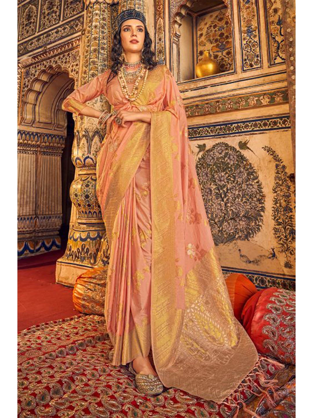 

KARAGIRI Peach-Coloured & Gold-Toned Ethnic Motifs Saree