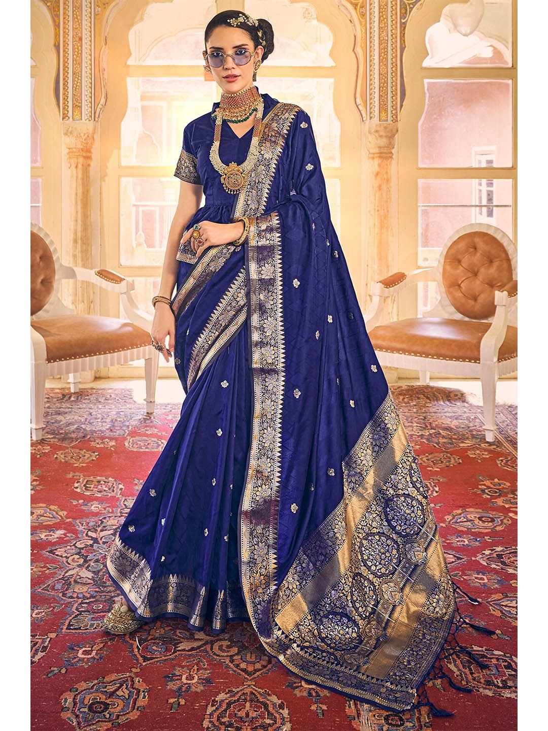 

KARAGIRI Blue & Gold-Toned Floral Satin Silk Saree
