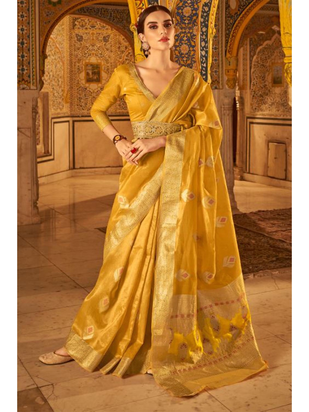 

KARAGIRI Yellow & Gold-Toned Ethnic Motifs Zari Saree
