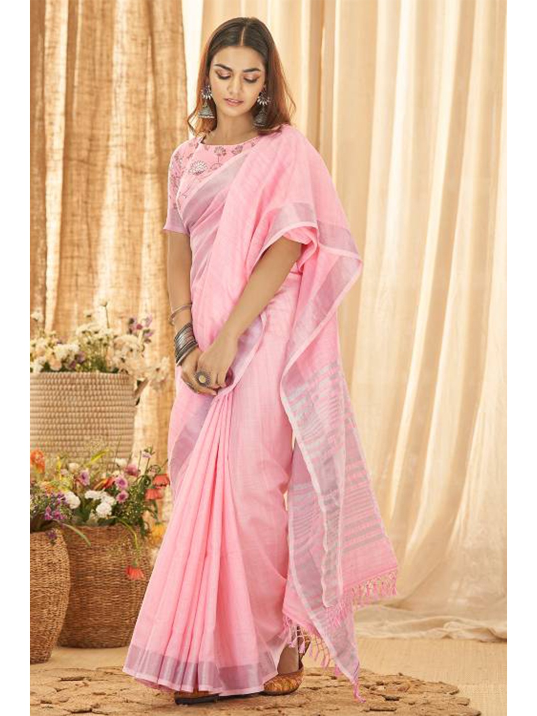 

KARAGIRI Pink Striped Linen Saree