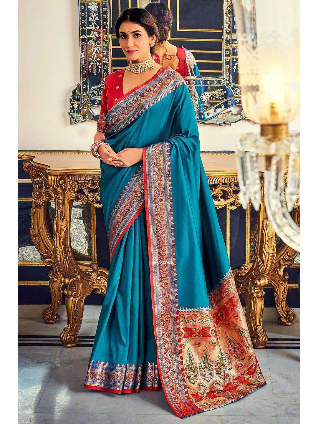 

KARAGIRI Blue & Orange South Silk Saree