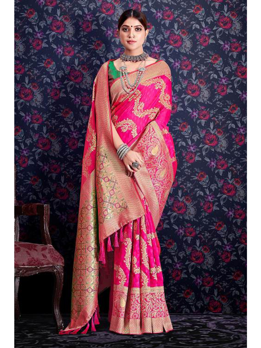 

KARAGIRI Pink & Gold-Toned Ethnic Motifs Zari Saree
