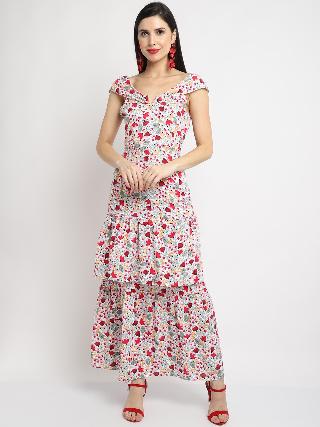 

WOOFFLY White & Red Floral Printed Flared Maxi Dress